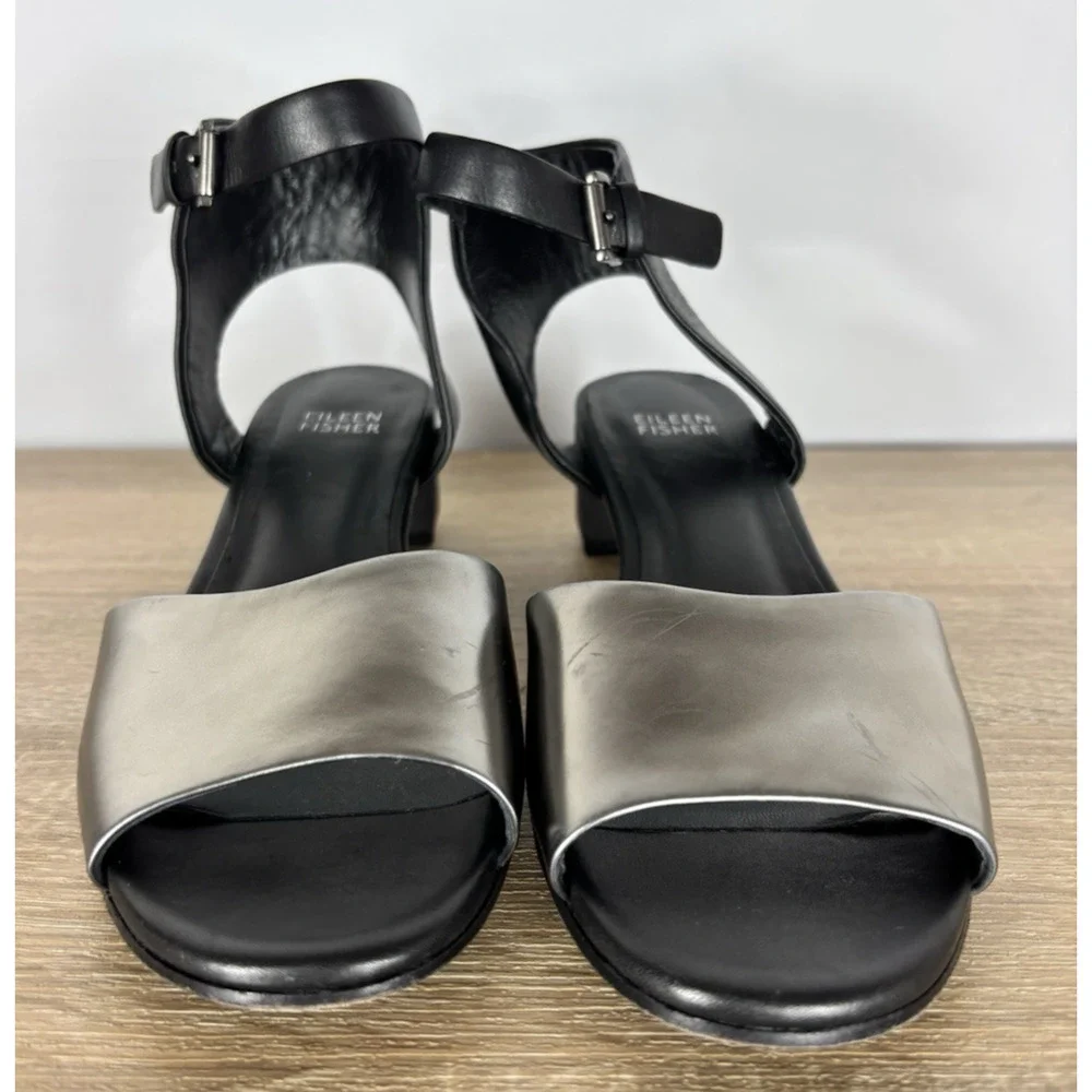 Eileen Fisher Vera Cuoio Leather Block Heel Sandals Pewter Black Womens 7.5